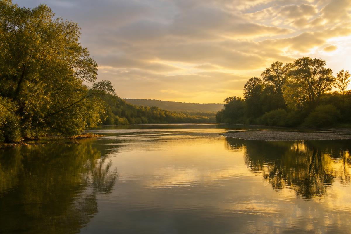 A river flowing through the green Ohio countryside at golden hour