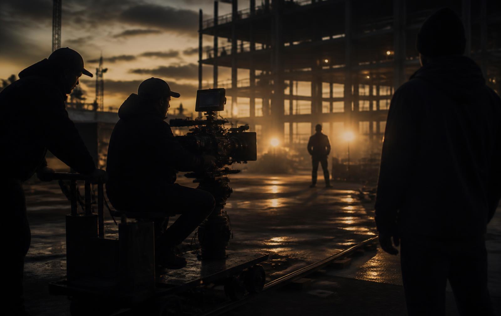 Film crew operating a cinema camera on location at dusk