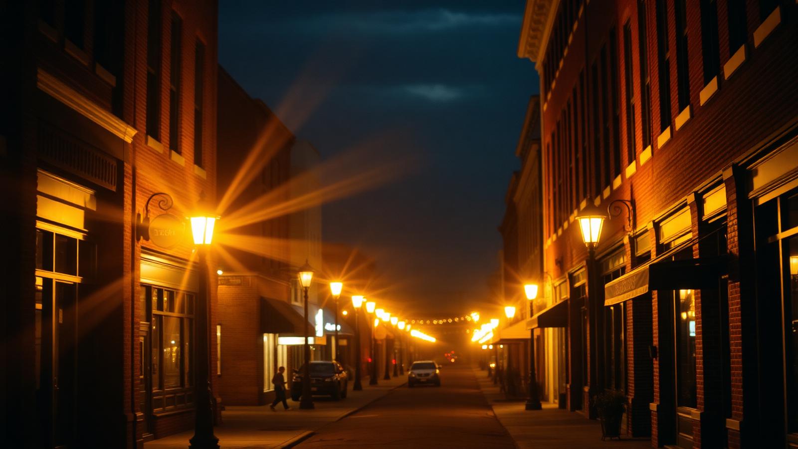 Historic brick storefronts along a small-city Ohio main street at golden hour